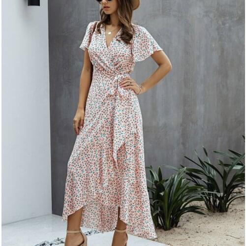 Summer Women Maxi Dress Polka Dot Sexy V-Neck Ruffles Short Sleeve Holiday Long Beach Sundress Ladies Lace Up Wrap Party Dresses