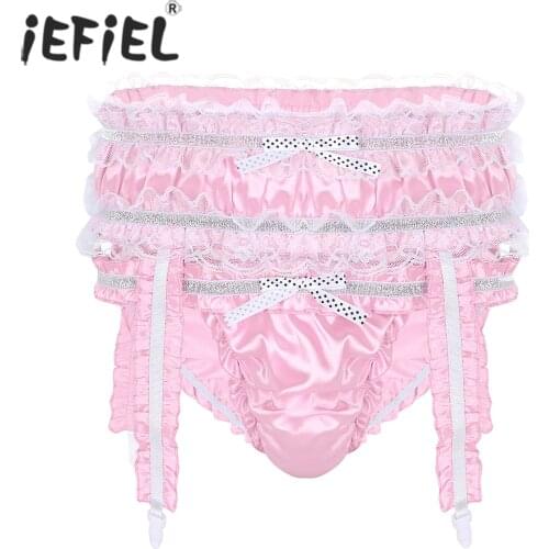 Mens Gay Lingerie Underwear Soft Shiny Satin Ruffled Frilly Low Rise Stretchy Sissy Bikini Briefs Underwear Panties with Garters