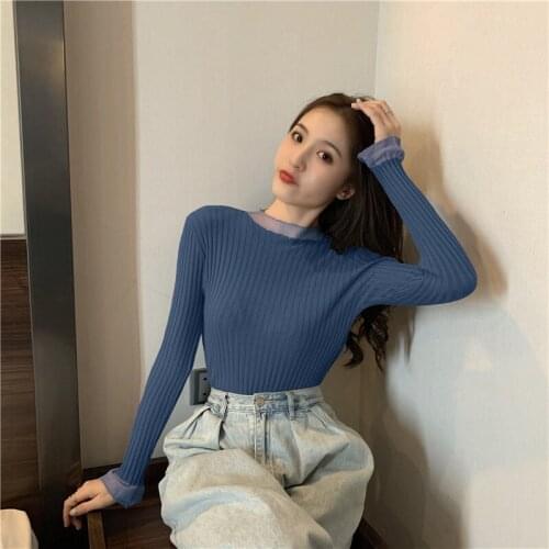 Autumn new Korean version of wild core yarn lace mesh stitching knit sweater long-sleeved bottoming shirt top