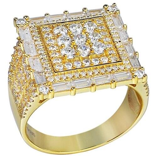 P&Y S925 Fashion Vintage Square 14K Gold Plated Hip Hop Diamond Rings Jewelry Iced Out CZ Men Ring for Men