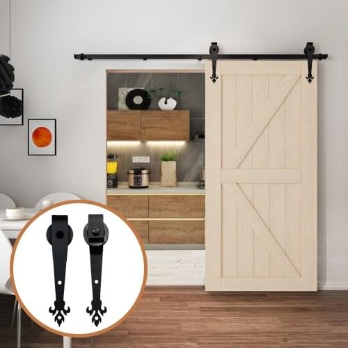 LWZH Barn Door 5FT/6FT/7FT/9FT Black Rustic Carbon Steel Sliding Barn Door Interior Three Leaves Shaped Roller for Single Door