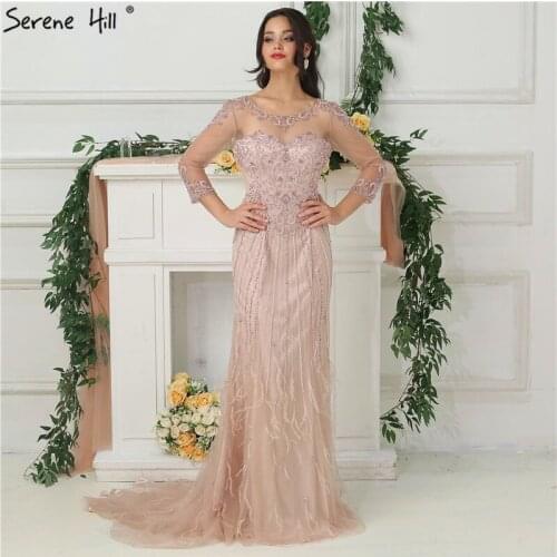 Sexy Sheer See through Mermaid Long Evening Dresses 2020 New 3/4 Sleeves Crystal Beaded Formal Dress Robe De soiree BLA6616