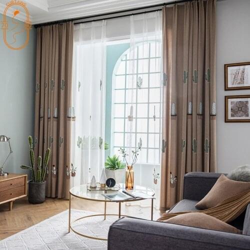 Childrens Room Curtains Cactus Cartoon Printing Curtains Cotton and Linen Embroidery Black Out Curtains for Living Room Bedroom