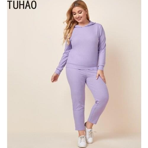 TUHAO 7XL 6XL 5XL 4XL 3XL Large Size Pure Color Violet Hooded Sweater Women Casual Pants Two-piece Suit Outfirs for Woman WM08