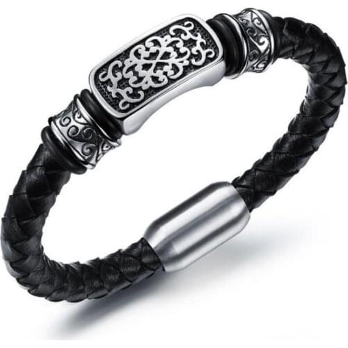 Vintage Exquisite Pattern Carved Hand Woven Mens Charm Leather Bracelet