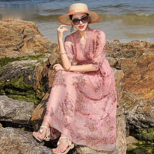 High Quality Beach Dress Women Summer 2021 100% Silk Dress Long Floral Dresses for Woman Elegant Vestido De Mujer Pph4101