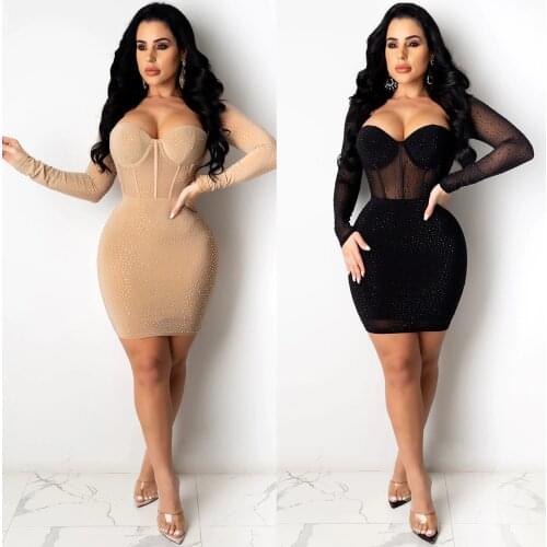 Womens Nightclub Ironing Diamond Perspective Sexy Party Dress Long Sleeve Fitting Skirt Gothic Dress Short Prom Dress Plus Size
