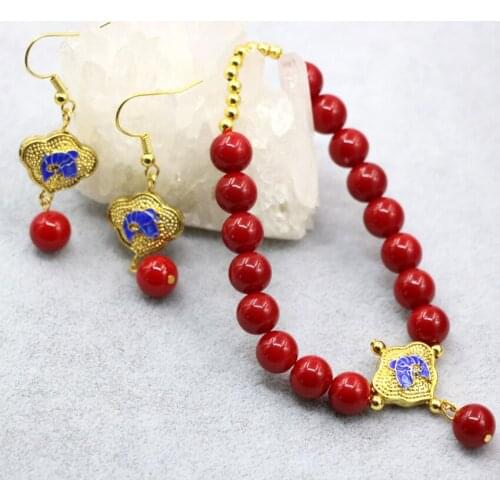 Fashion 8mm artificial coral red round beads bracelets earrings for women cloisonne charms diy jewelry set 7.5inch B3030