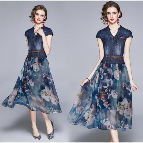 Womens Fake Two-Piece Summer New Waist Slim-Fit Panel Printed Short-Sleeve Denim Dress