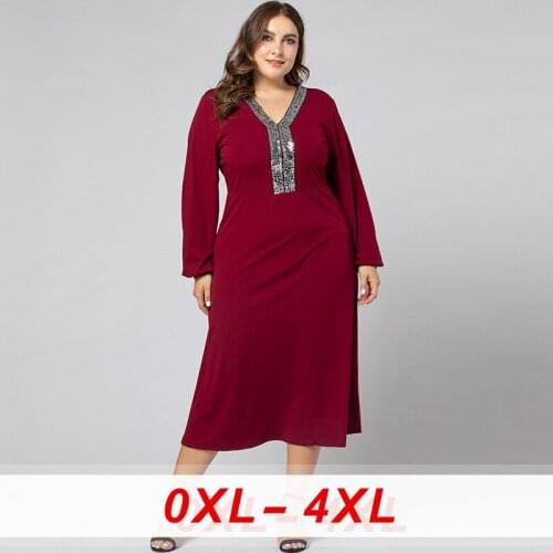 2020 Plus Size Red Dress Women Autumn Sequined Beading V Neck Long Sleeve Casual Dress Large Size Tunic Maxi Long Dresses