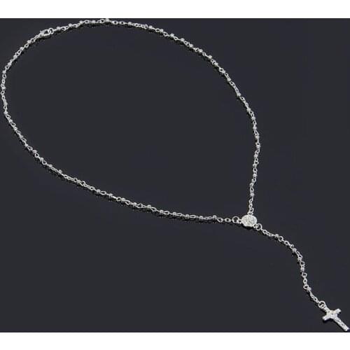 Classic Silver color Rosary Beads Chain Cross Crucifix Religious Catholic Hip-hop Rapper Stainless Steel Necklace Womens