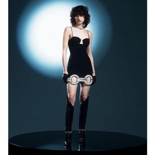 2021 Summer New Punk Style Sexy Spaghetti Strap Diamonds Patchwork Women Party Dress Femme Casual Slim Vestidos Mini Robe HD8465