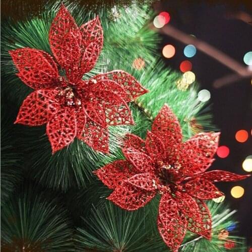 10 pcs Colourful Glitter Artificial Hollow Flowers Wedding Party Christmas Valentines Day Decorations Xmas Tree Home Decor 6z