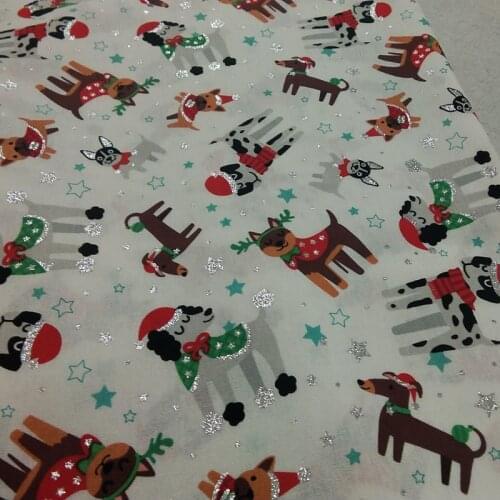 100% Plain Cotton Fabric Christmas Glitter Silver Stamping Cute Little Puppy Dog Doggie Printed Patchwork Cloth Dress Home Decor