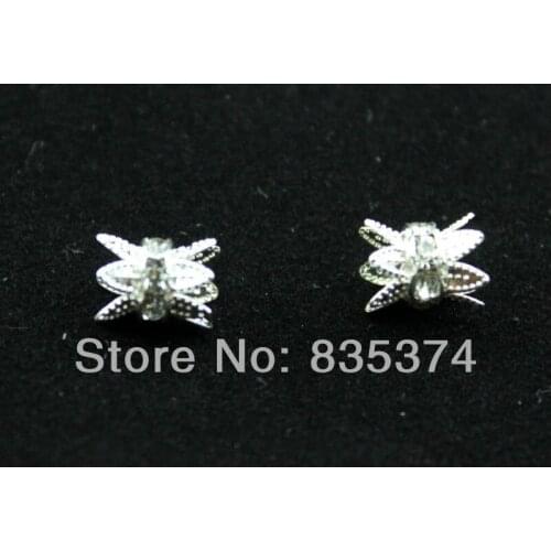 Free shipping!6MM,Flower Caps Beads,Charming Crystal Rhinestone Spacers, Copper Plated Silver Tone Jewelry Findings