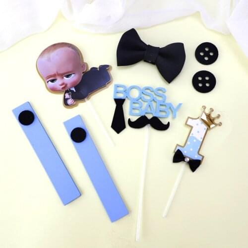 Paper Baby Boss Birthday Cake Toppers Blue Number Button Bow Tie Cake Toppers for Kids Birthday Cupcake Decorations Baby Shower