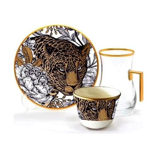 Drop Efe Handled Tea & Arabian Coffee Cup Set 18 Pieces Leopard