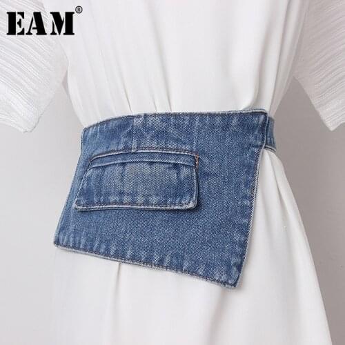 [EAM] Denim Blue Irregular Split Joint Long Wide Belt Personality Women New Fashion Tide All-match Spring 2021 1Y05505