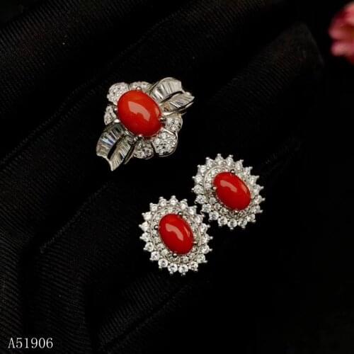 KJJEAXCMY boutique jewels 925 sterling silver inlaid natural red coral gemstone female earrings ring set support detection new e