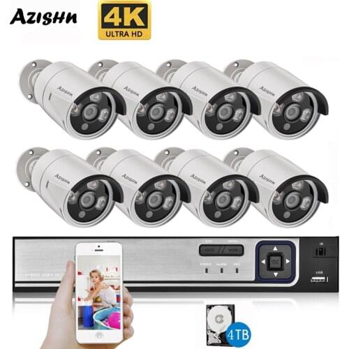 AZISHN 4K Ultra HD 8MP POE NVR Kit Street CCTV Record Security System IP Camera Outdoor Home Video Surveillance Camera Set