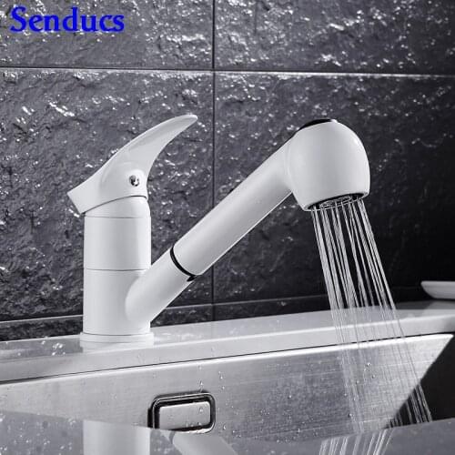 Senducs White Pull Down Bathroom Basin Faucet Luxury Brass Bathroom White Basin Tap Hot Cold Pull Out Bathroom Mixer Tap