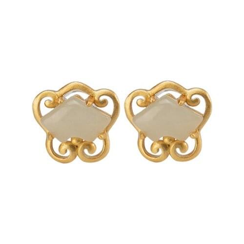 S925 sterling silver gold plated Natural Hetian jade Gray jade Ear studs Retro Ruyi Simple All-matching Ladies Earrings