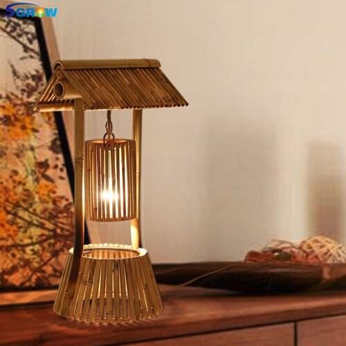 SGROW Country Style Bamboo Table Lamps for Dinning Room Bedroom Study Room Garden Loft Desk Lights Fixture Lampara with E27 Bulb