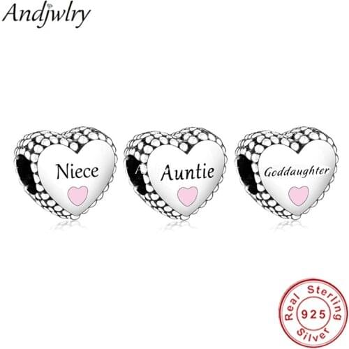 925 Sterling Silver Goddaughter Auntie Niece Heart Charm Fit Original Pandora Bracelet Charms Silver 925 Berloque Beads