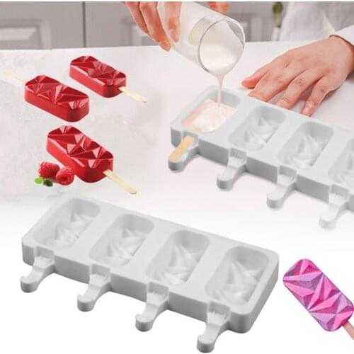 Silicone Ice Cream Molds 4 Cell Ice Cube Tray Food Popsicle Ice Cream Tools Freezer Mould Ice Home Homemade Safe Lolly DIY F2S3