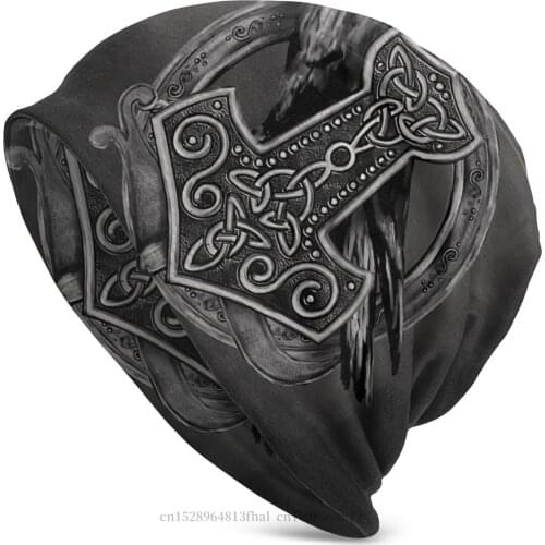 Viking Fashion Beanie Hats Mjolnir The Hammer Of Thor And Raven Knit Hat Bonnet Skullies Beanies Caps Men Womens Earmuffs