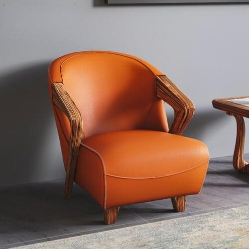 TT Nordic Simple Ugyen Wood Layer Leather Sofa Living Room New Chinese Modern Rotating Leisure Chair