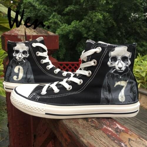 Wen Original Design Black Hand Painted Canvas Shoes Cool Panda Skull Smoke Sweater Numbers 7and 9 High Unisex Sneaker Skateboard