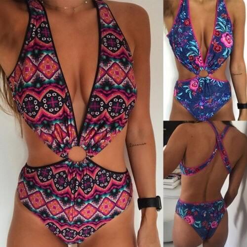 New Women One-Piece SuitsTop Print Ring Bandage Lady Swimwear Swimsuit Bathing Hole Deep V Neck Backless Beach 2020