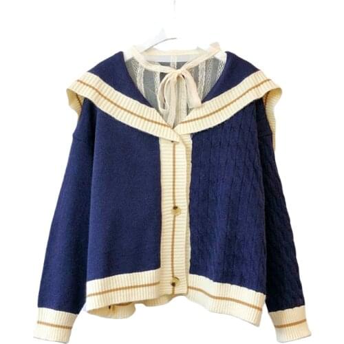 Navy Collar Sweater Knitted Jacket Women Sweet Cute Long-sleeved Soft Girl Kawaii Pullover Jacket 2021 Autumn Winter New
