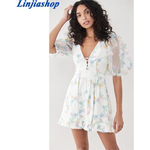 Deep V Neck Boho Dresses for Women Large Daisy Chain Embroidered Mini Dress Ladie Ultra-sweet Organza Puff Sleeve Summer Dress