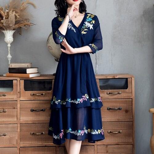 Sexy Chiffon Long party dress 2021 NEW High quality fashion Women Clothing summer Retro Dress embroidery Floral V-Neck dresses