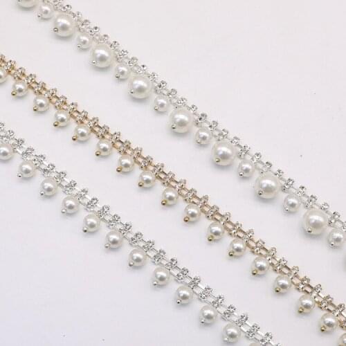 CM359)1yds Stunning Punk Rhinestone Crystal Gold Applique Chain Bridal Trim