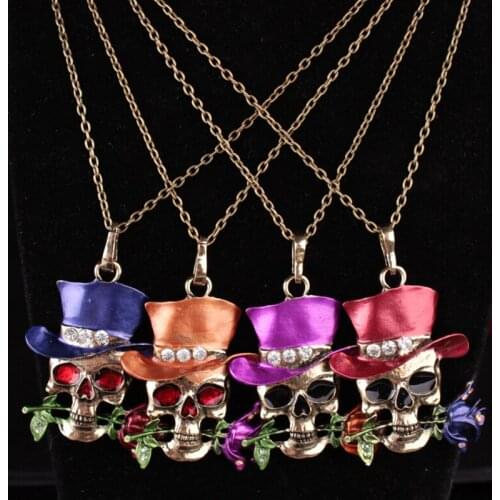 10PCS/Lot Halloween Necklace Vintage Skeleton Skull Pendant 4 Color Charms Flower Necklace For Women Halloween Jewelry Wholesale