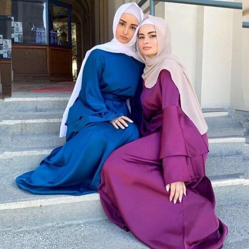 2021 Bandage Satin Abaya Dubai Turkey Maxi Dress Women Arabic Muslim European American Islamic Clothing Solid Long Sleeve#G30