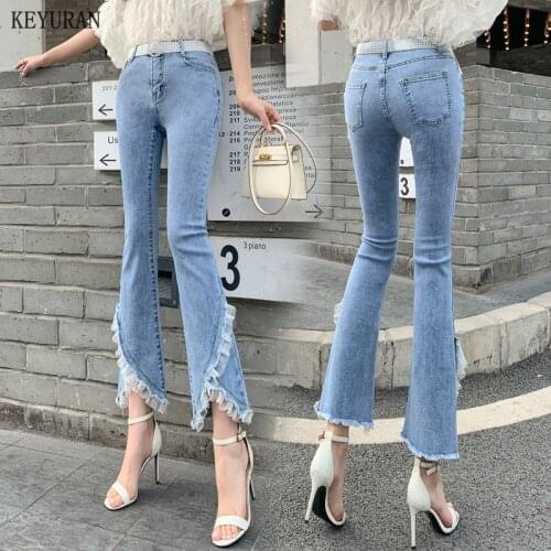 2021 Spring Summer New High Waist Splicing split Women Denim Pants Blue Woman Wide legs Stretch Flare Jeans Trouser Clothing XXL