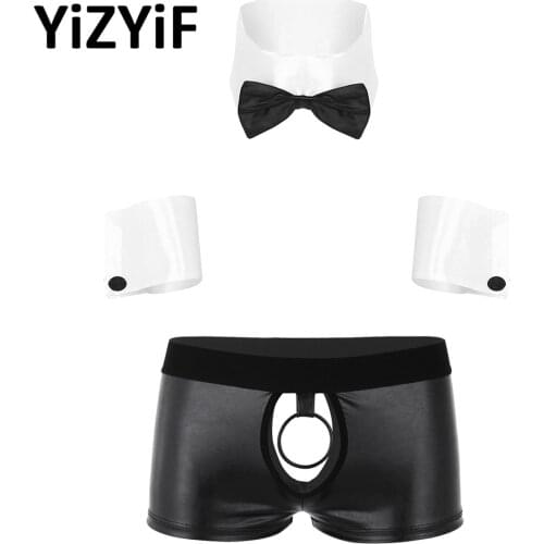 3Pcs Mens Waiter Lingerie Suit Tuxedo Boxer Briefs Underwear Roleplay Nightclub