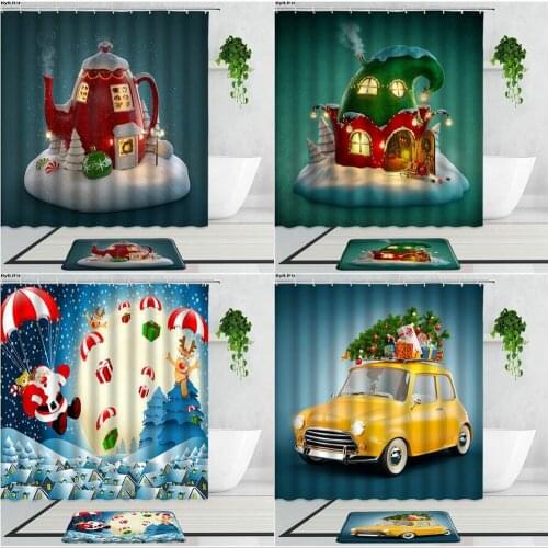 3D Christmas Bathroom Shower Curtains Set Snowflake Santa Claus Creative House Christmas Day Decoration Curtain Bath Mats Carpet