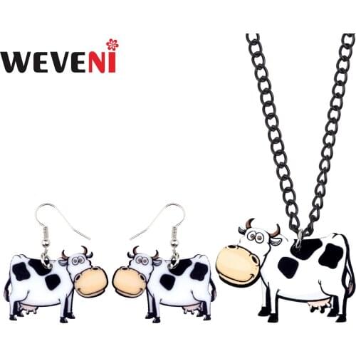 WEVENI Acrylic Happy Milk Dairy Cow Cattle Earrings Necklace Chain Cartoon Cheap Animal Jewelry Sets For Women Girls Party Gift