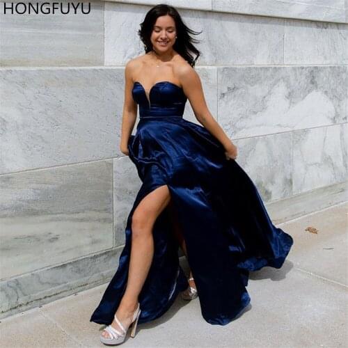 HONGFUYU Satin Navy Prom Evening Dresses 2020 High Slit Sheer Sweetheart A-Line Long robe de soiree Party Dress Formal Gown