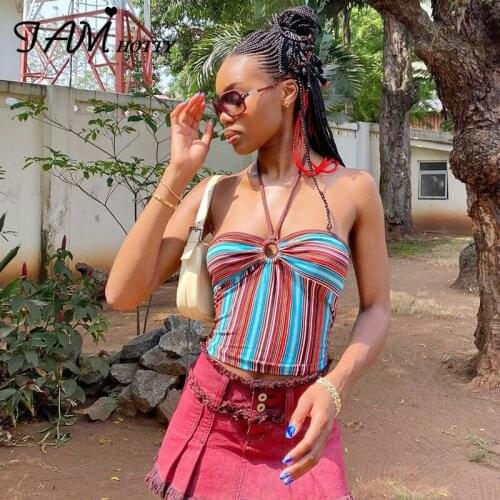 IAMHOTTY Striped Printed y2k Halter Camis Top Tee Women Boho Beach Vacation Summer Cut Out Crop Tops Outfits Sexy Vest Femme 90s