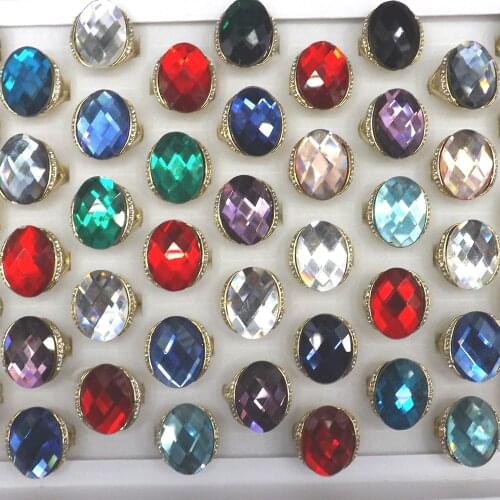 Classic Gold-Color Oval Faceted Glass Rings Crystal Bague Mix Color 50pcs/lot Free Shipping