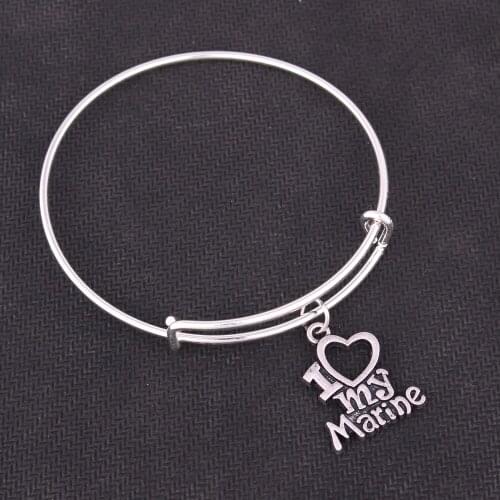 Classic Womens I LOVE MY MARINE Bracelet Stainless Steel Adjustable Wire Bangle With I LOVE MY BOYFRIEND and bulldog Charms