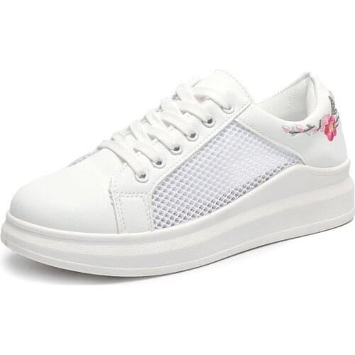 Fashion Women Shoes Platform Sneakers Ladies Lace-up Casual Shoes Breathable Walking Pu Leather Shoes White Flat Girl