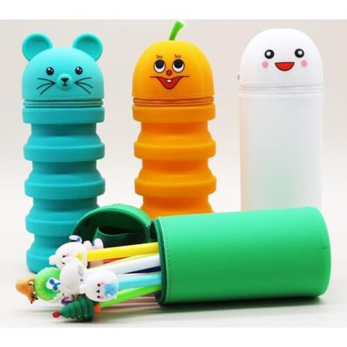 Soft Silicone Pen Bag Kawaii Bear Rabbit Retractable Pencil Container Creative Relief Pen Case Stationery Cosmetics Makeup Box