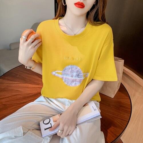 New O-neck Summer Fashion Beading Shirt T Shirt Women Tops Loose Short sleeve Women Tshirt 2020women fashion clothing